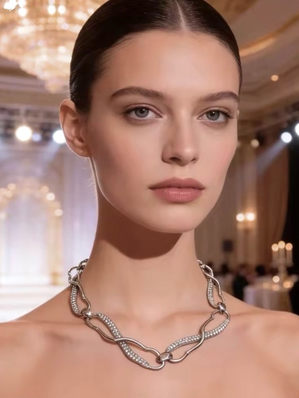 Infinity Link Collar Necklace Molten Metal Silver Clear AP26 JN04